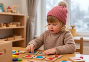 il bambino gioca con giocattoli creativi ed educativi