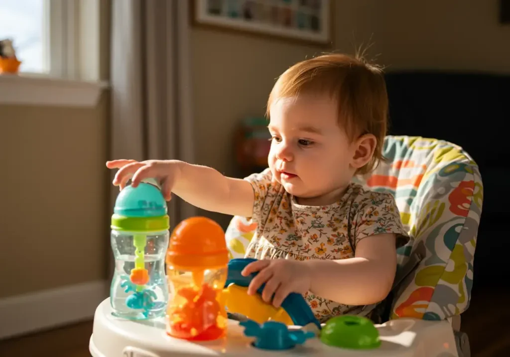 Bottiglie sensoriali con acqua colorata per neonati.