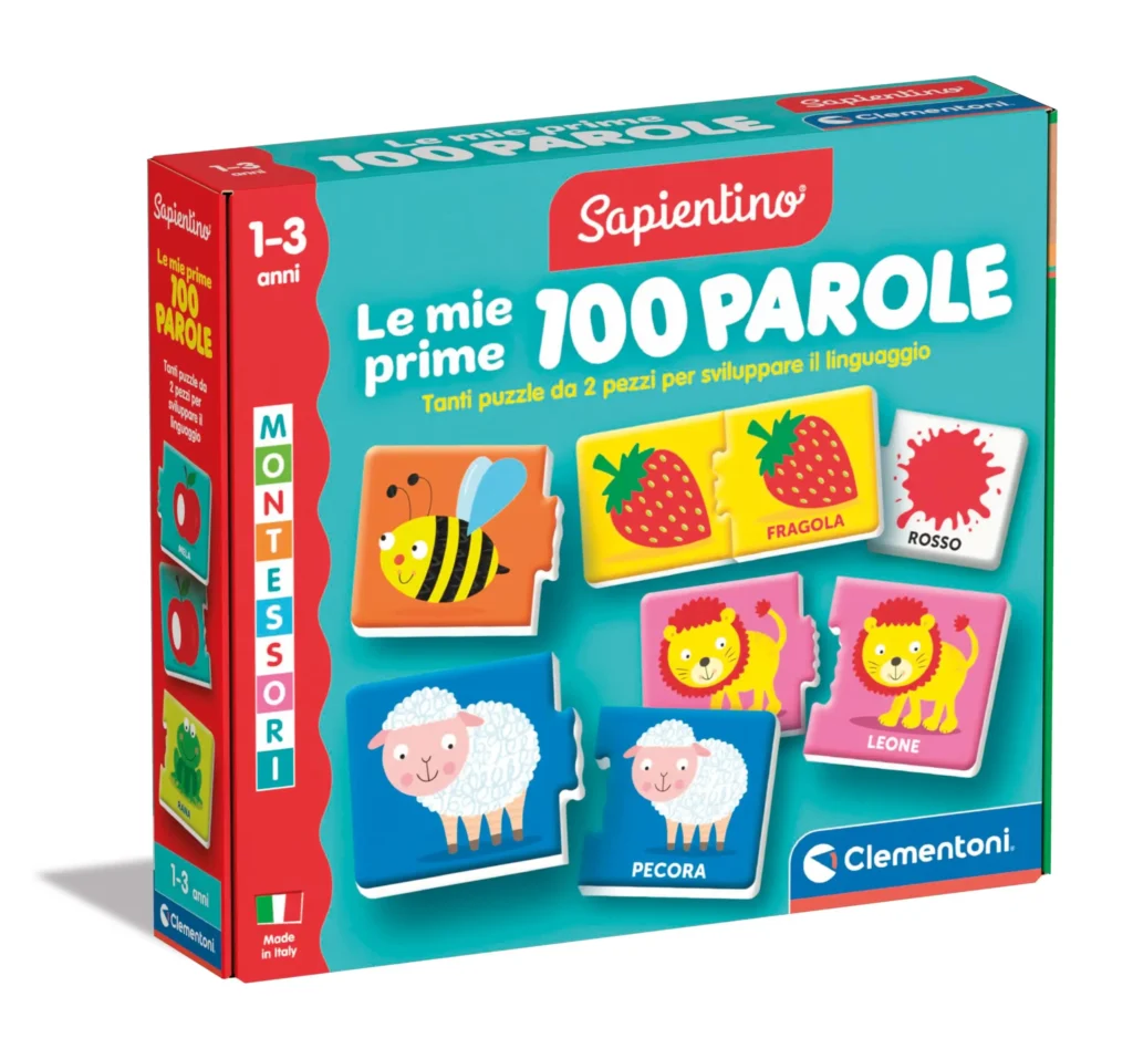 Questo gioco è pensato per i più piccoli, dai 1 ai 3 anni, e include 54 puzzle a incastro che insegnano 100 nuove parole.