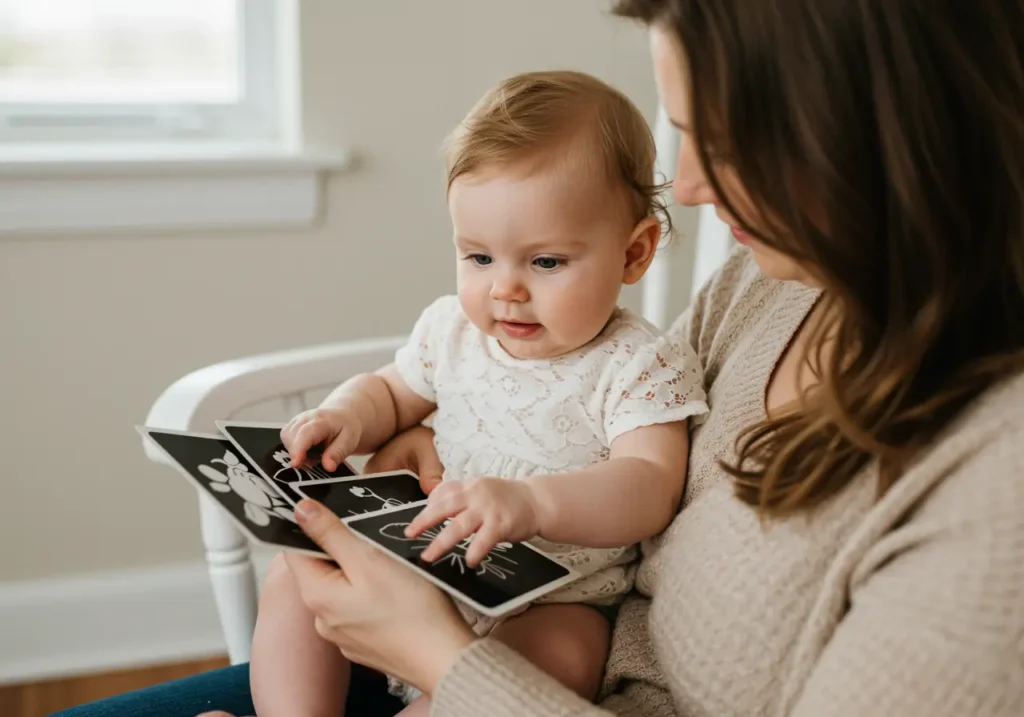 Carte sensoriali Montessori bianco e nero per neonati.