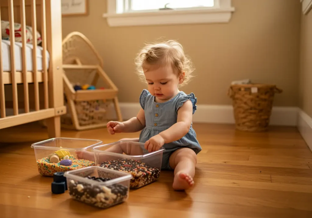 Sacchetti sensoriali Montessori riempiti con riso e fagioli.