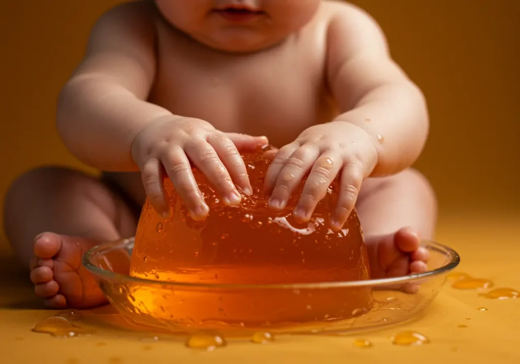 Bambino esplora una gelatina colorata con le mani.