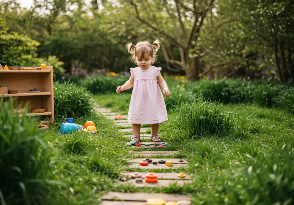 Bambino esplora un percorso sensoriale Montessori.
