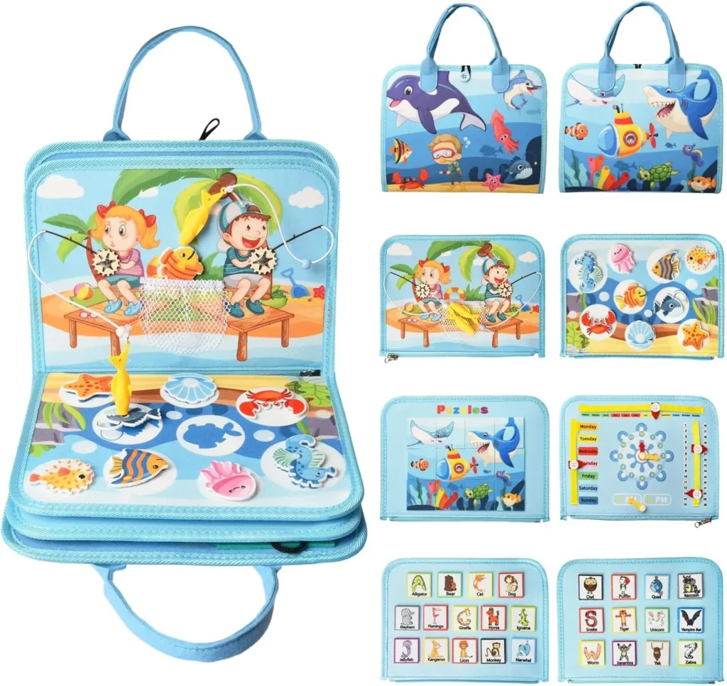 Giochi Montessori 1-4 Anni, Giocattoli Educativi Sensoriali con Puzzle, Parole, Date, Orologi, Giochi di Pesca, Pulsante Sonoro, Cerniere e Fibbie