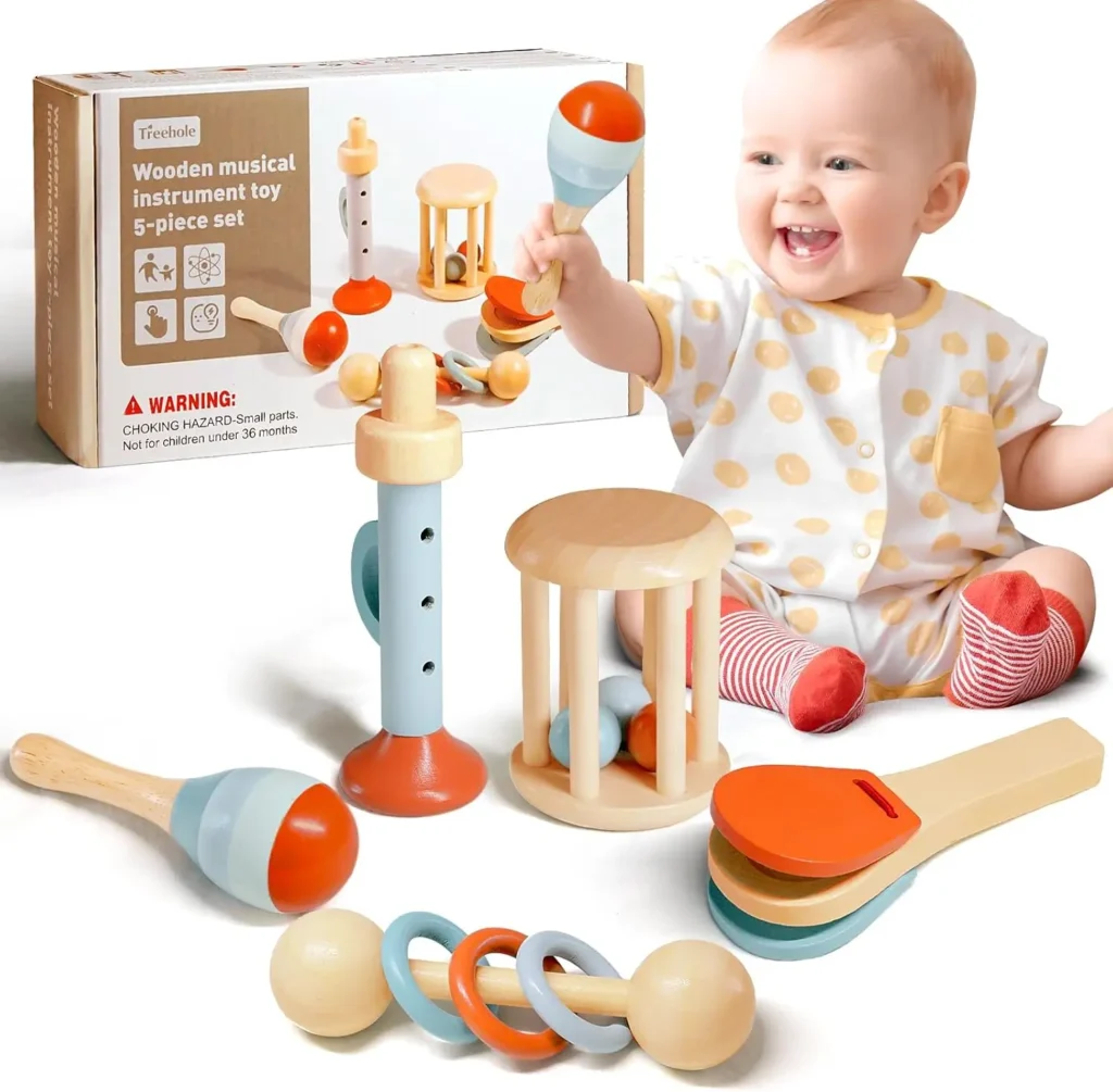 Giochi Montessori 6 Mesi, 5pc Giochi in Legno, Sonaglio Neonato 3 6 9 Mesi