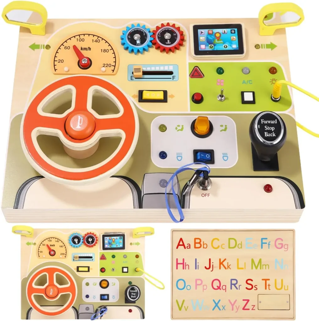 Giocattolo Montessori Pannello Sensoriale in Legno con 7 interruttori, 10 luci a LED per Neonati