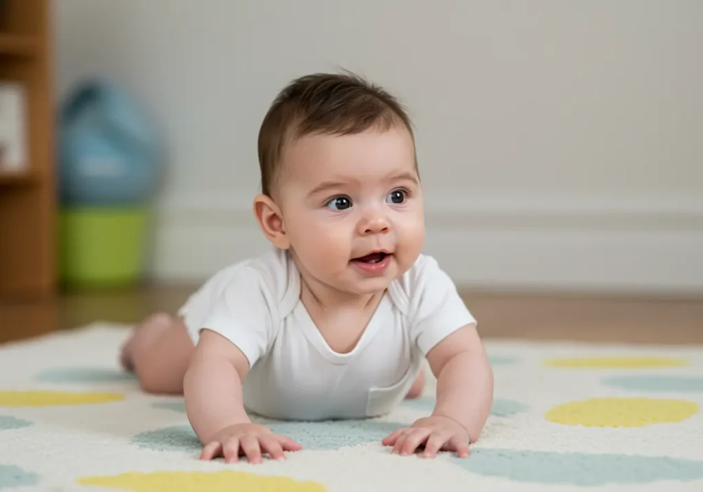 Bambino solleva la testa mentre è a pancia in giù