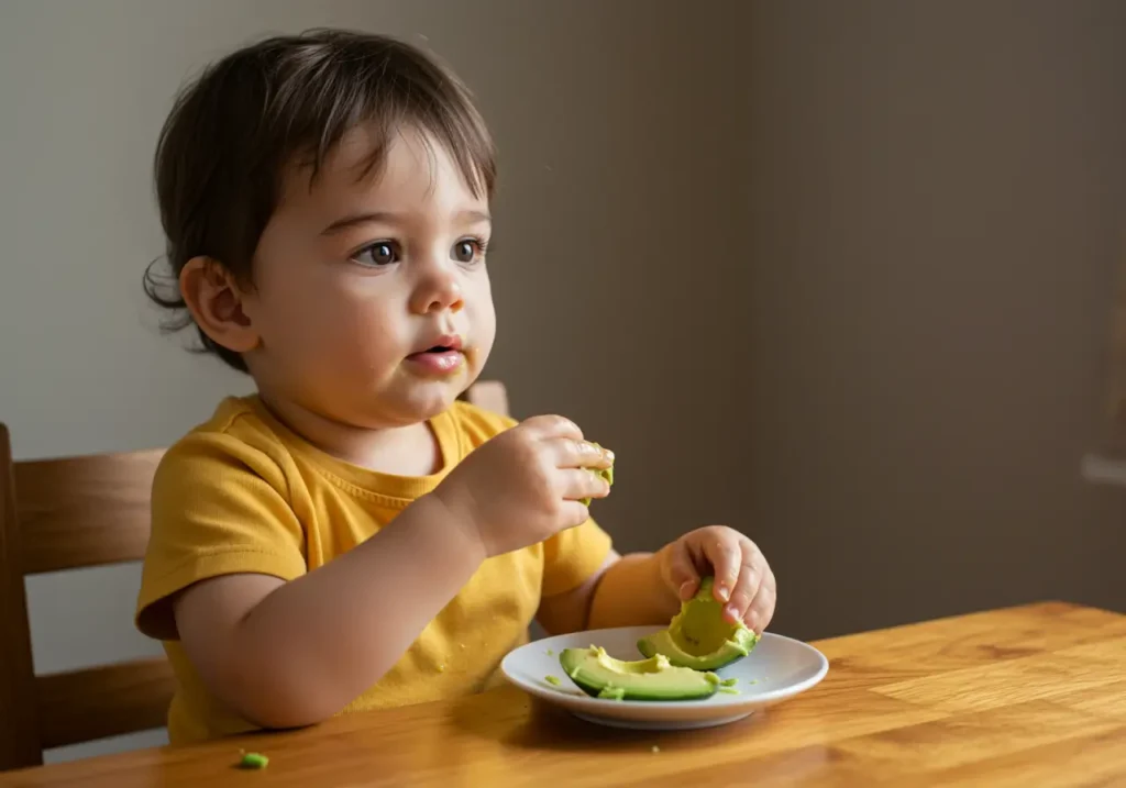 Bambino che mangia da solo pezzi di cibo con metodo baby-led weaning
