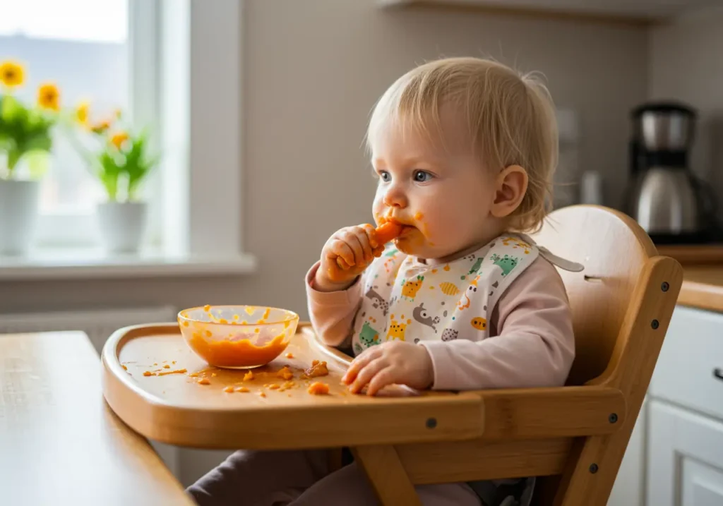 Bambino di sei mesi seduto nel seggiolone che assaggia i primi cibi solidi