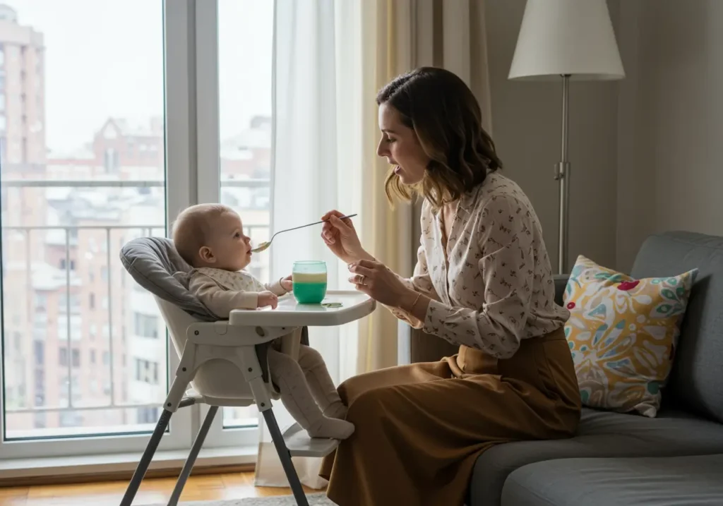 Mamma che mangia insieme al suo bambino durante lo svezzamento
