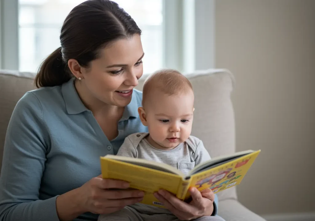 Mamma che stimola il linguaggio leggendo un libro