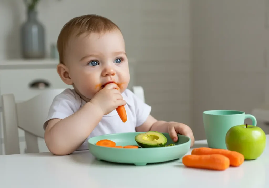 Piatto colorato con primi alimenti sicuri per lo svezzamento: carota, mela, avocado