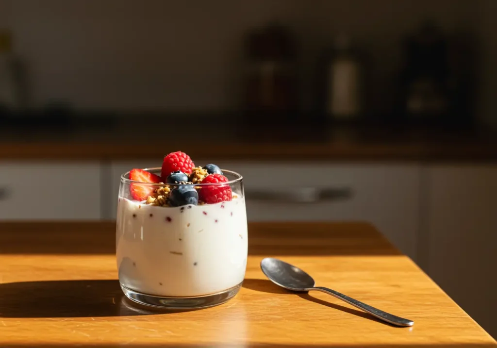 Vasetto di yogurt con frutta e cereali, merenda sana e nutriente